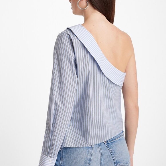 EXPRESS Poplin Striped One Shoulder Draped Top - Picture 3 of 8